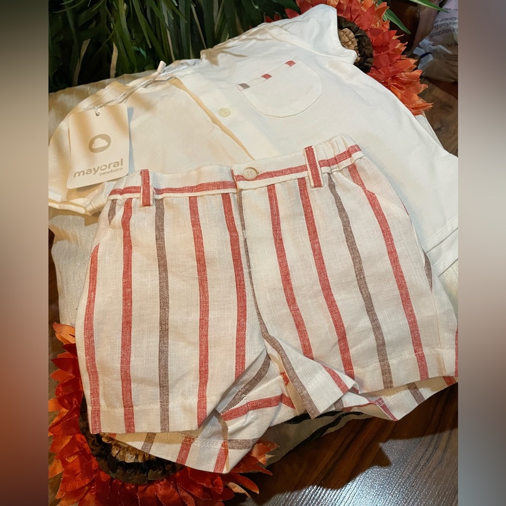 NWT MAYORAL 2 PC 6-9M Linen button Shirt & Matching stripe shorts cream & coral